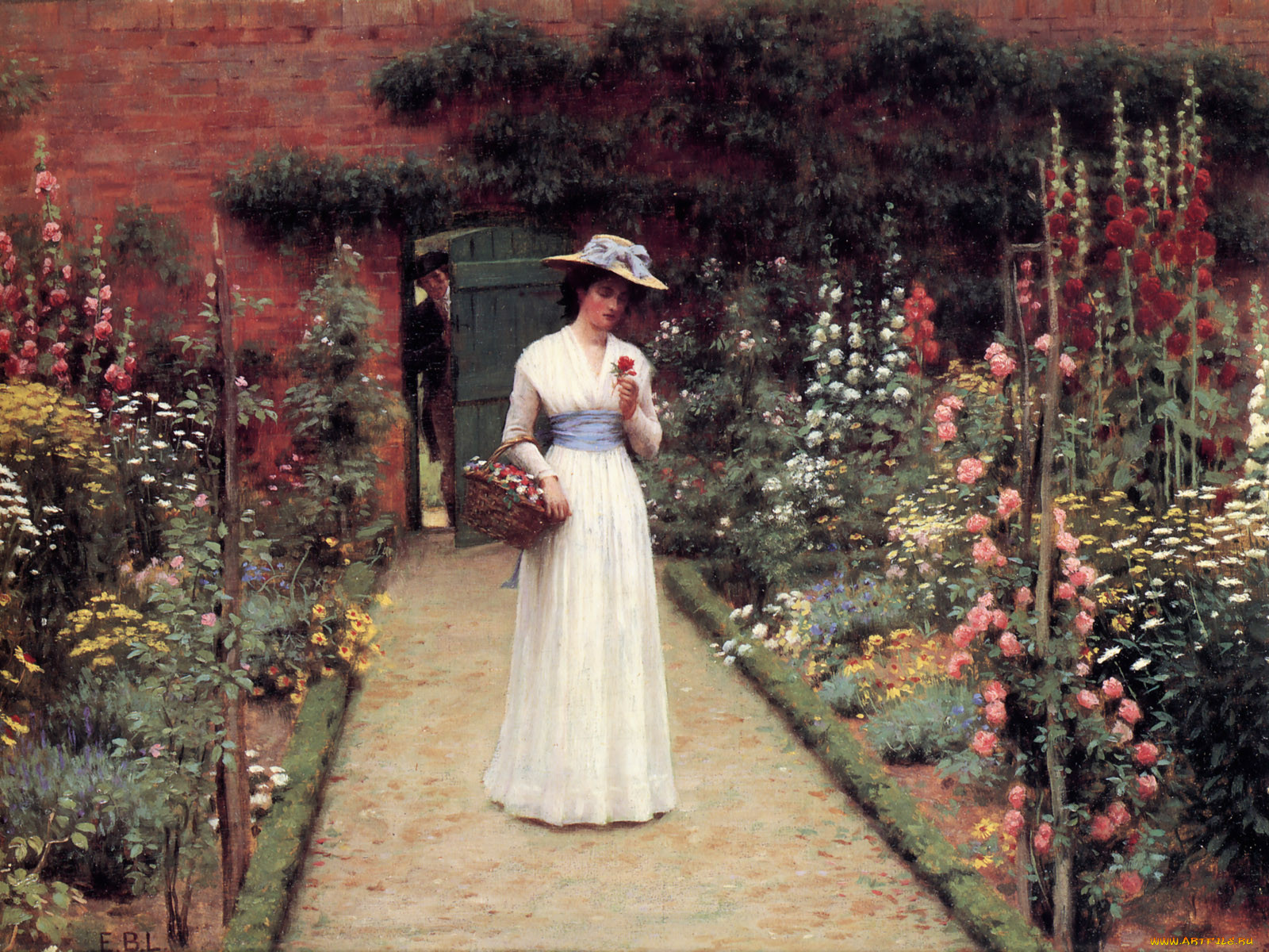 lady, in, garden, , edmund, leighton